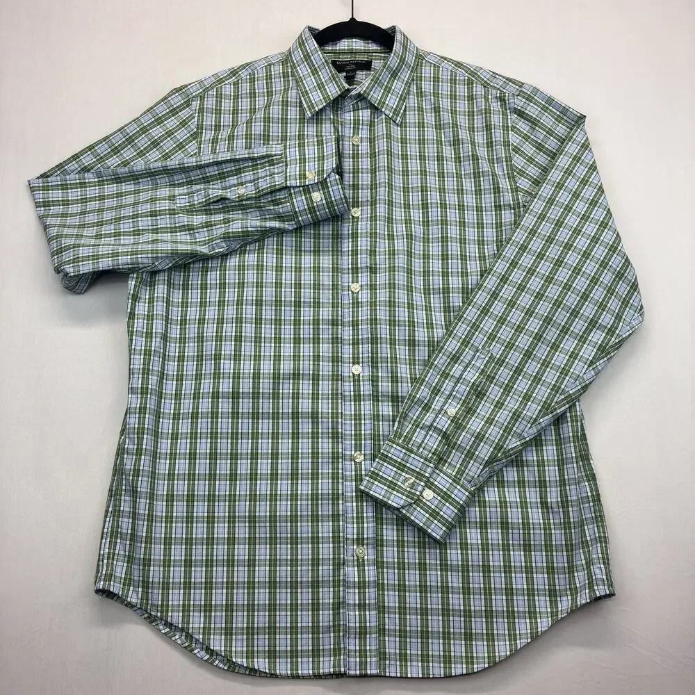 Banana Republic Men’s Dress Shirt Large Green Blue Plaid Non Iron Classic Fit